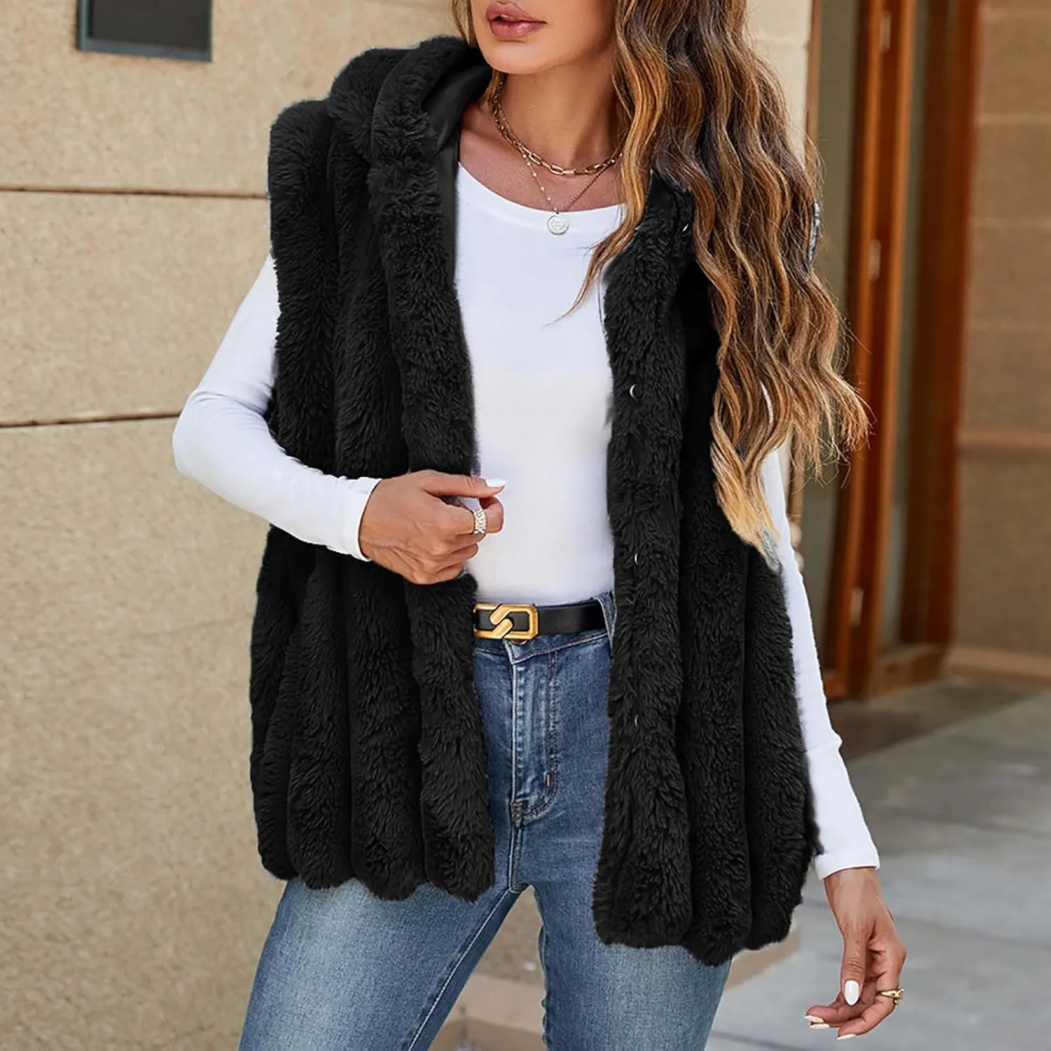 Women's Faux Fur Hooded Vest, Winter Sleeveless Fuzzy Warm Fashion Jackets Open Front Casual Soft Shaggy Waistcoat