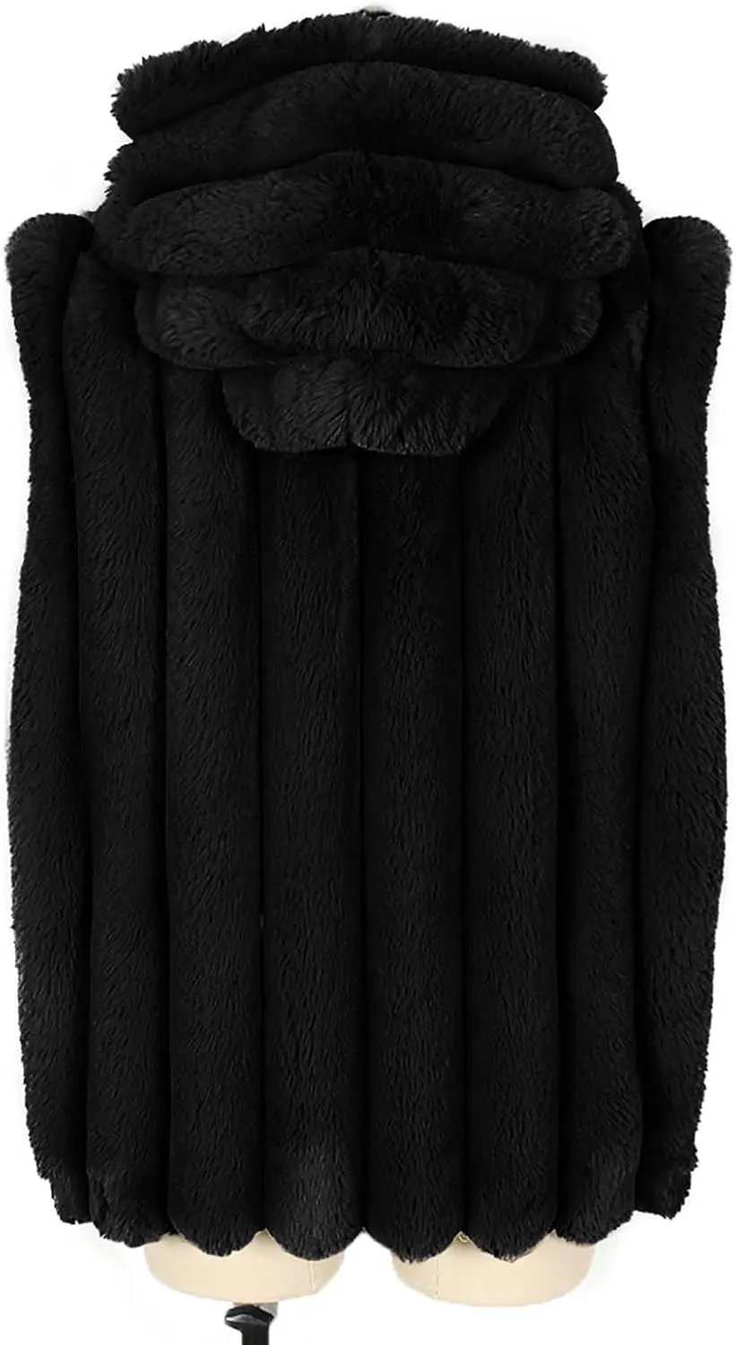 Women's Faux Fur Hooded Vest, Winter Sleeveless Fuzzy Warm Fashion Jackets Open Front Casual Soft Shaggy Waistcoat