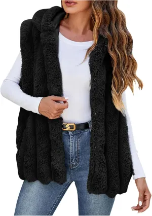 Women's Faux Fur Hooded Vest, Winter Sleeveless Fuzzy Warm Fashion Jackets Open Front Casual Soft Shaggy Waistcoat