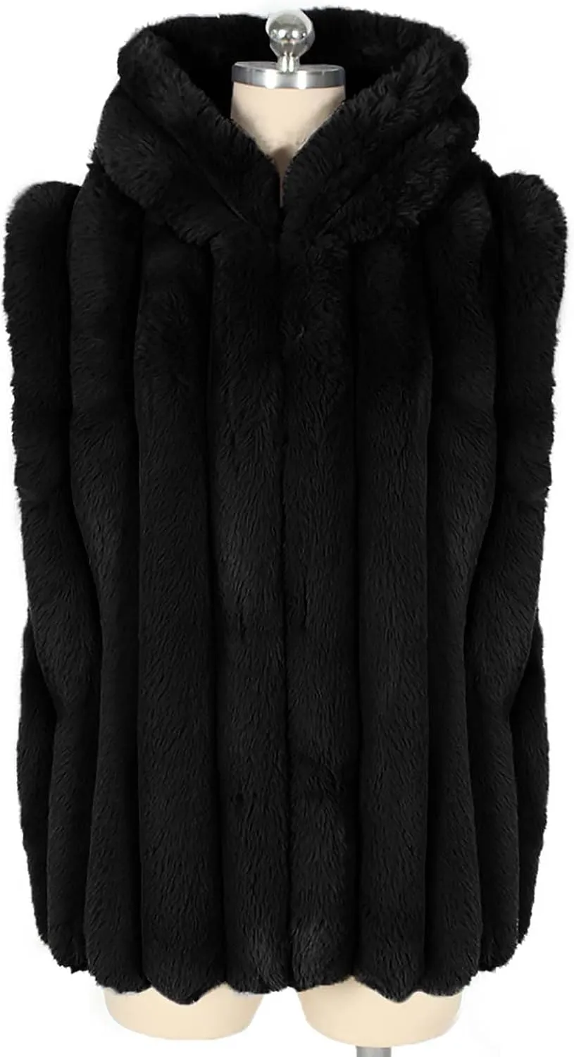 Women's Faux Fur Hooded Vest, Winter Sleeveless Fuzzy Warm Fashion Jackets Open Front Casual Soft Shaggy Waistcoat