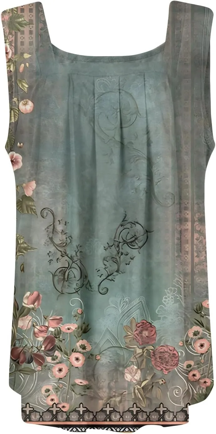 Women's Floral Print Sleeveless Blouse Casual Summer Tank Top with Square Neckline,Lightweight & Breathable