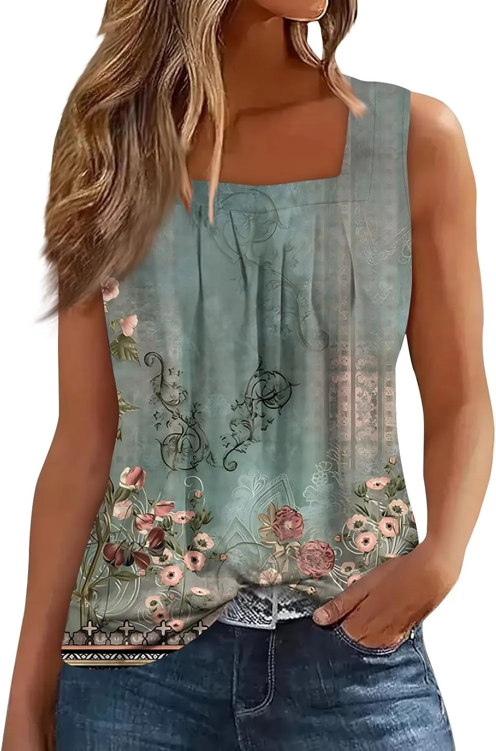 Women's Floral Print Sleeveless Blouse Casual Summer Tank Top with Square Neckline,Lightweight & Breathable