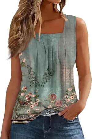 Women's Floral Print Sleeveless Blouse Casual Summer Tank Top with Square Neckline,Lightweight & Breathable