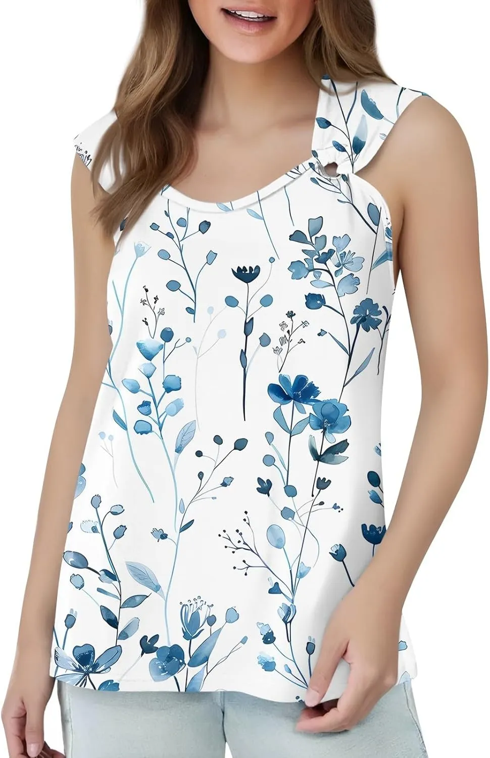 Women's Floral Print Sleeveless Top with Detail Casual Summer Blouse Lightweight and Breathable Fabric