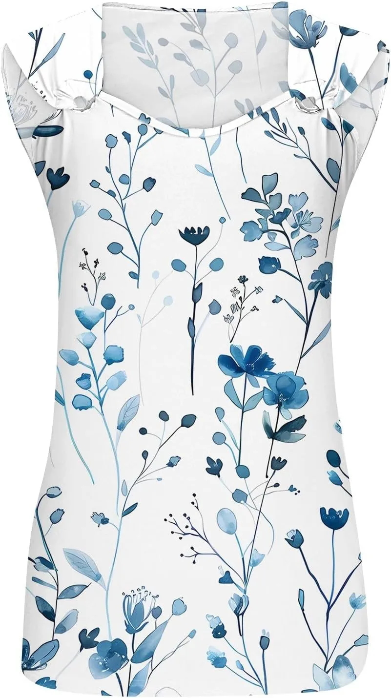 Women's Floral Print Sleeveless Top with Detail Casual Summer Blouse Lightweight and Breathable Fabric