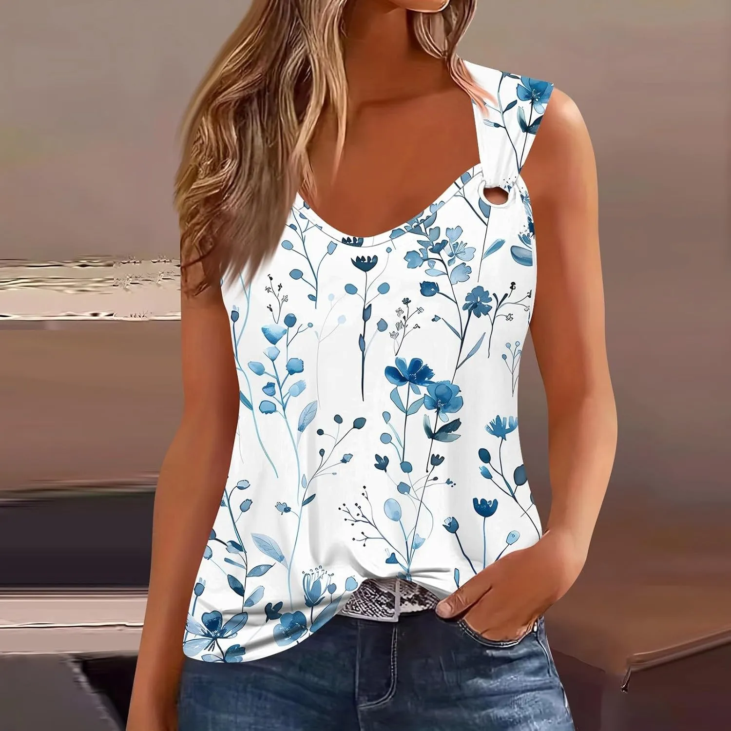 Women's Floral Print Sleeveless Top with Detail Casual Summer Blouse Lightweight and Breathable Fabric