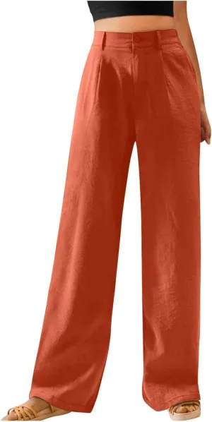 Women's High Waisted Pants Straight Wide Leg Button Waist Trousers Lightweight Comfort Solid Business Casual Pant