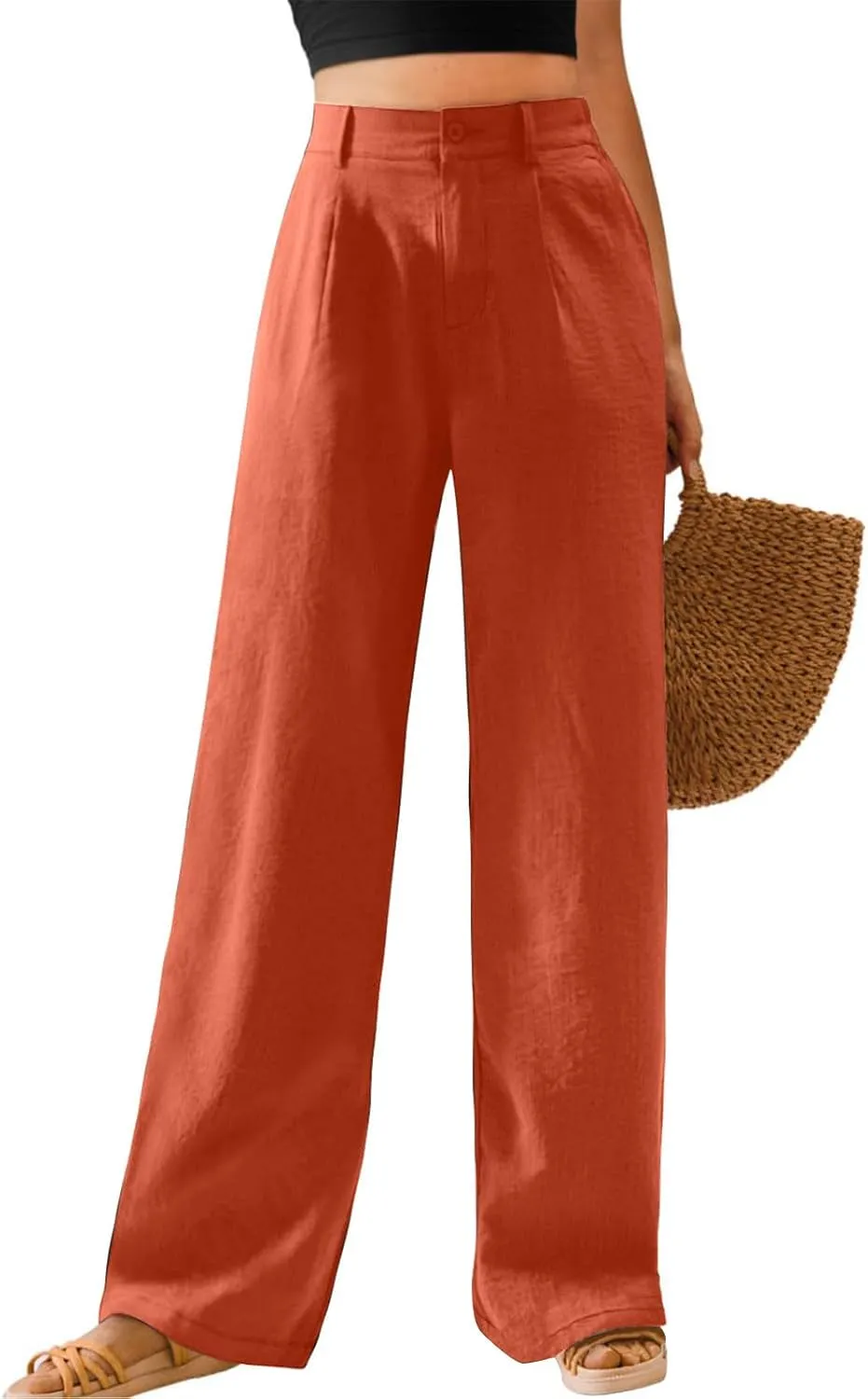Women's High Waisted Pants Straight Wide Leg Button Waist Trousers Lightweight Comfort Solid Business Casual Pant