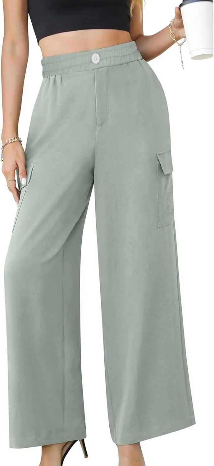 Women's High Waisted Pants Straight Wide Leg Waist Trousers Lightweight Comfort Solid Business Casual Pant