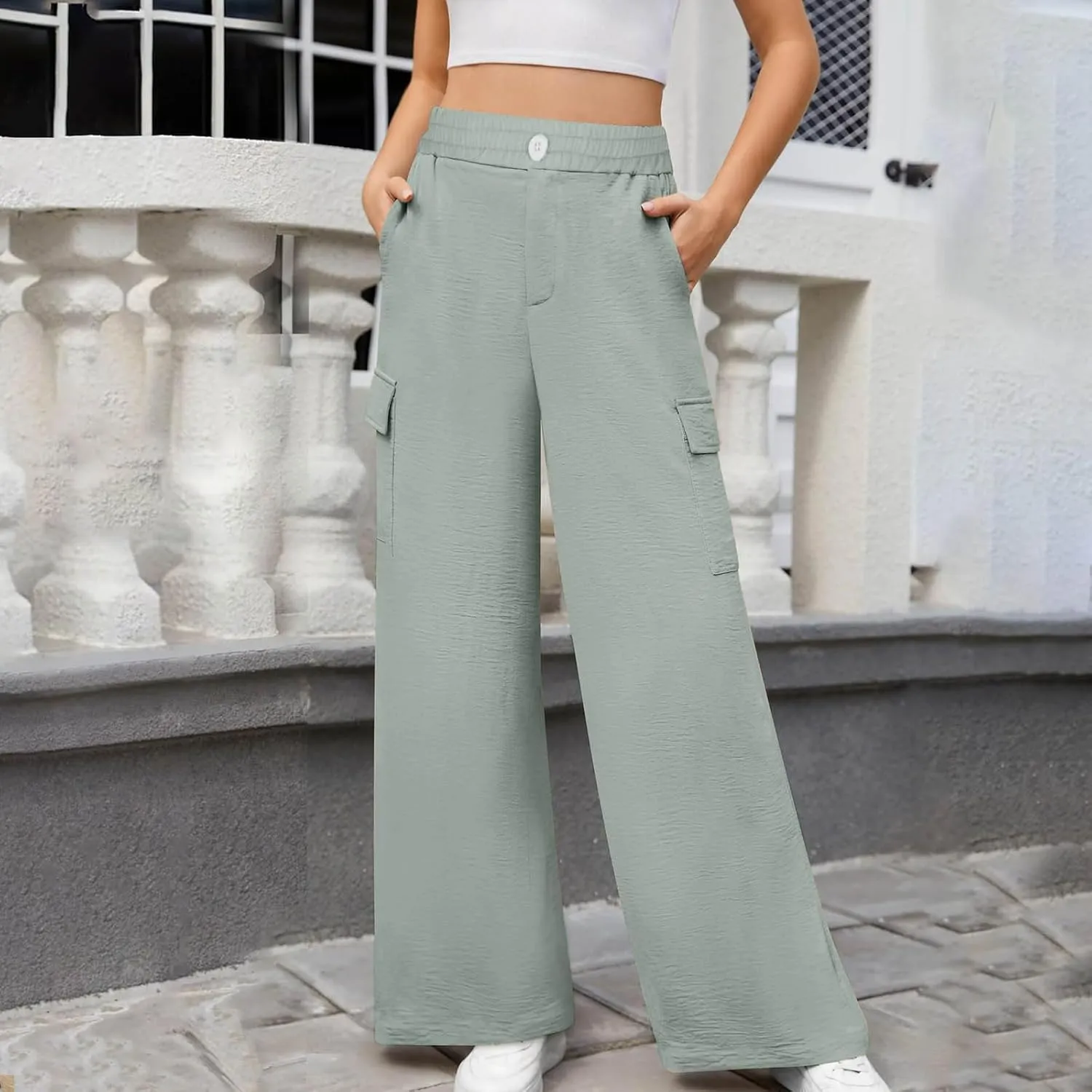 Women's High Waisted Pants Straight Wide Leg Waist Trousers Lightweight Comfort Solid Business Casual Pant