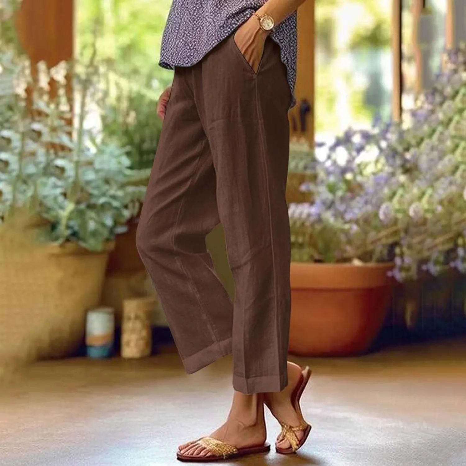 Womens Linen Pants with Pockets Elastic High Waist Straight Leg Pant Plus Casua Lightweight Summer Comfort Trousers