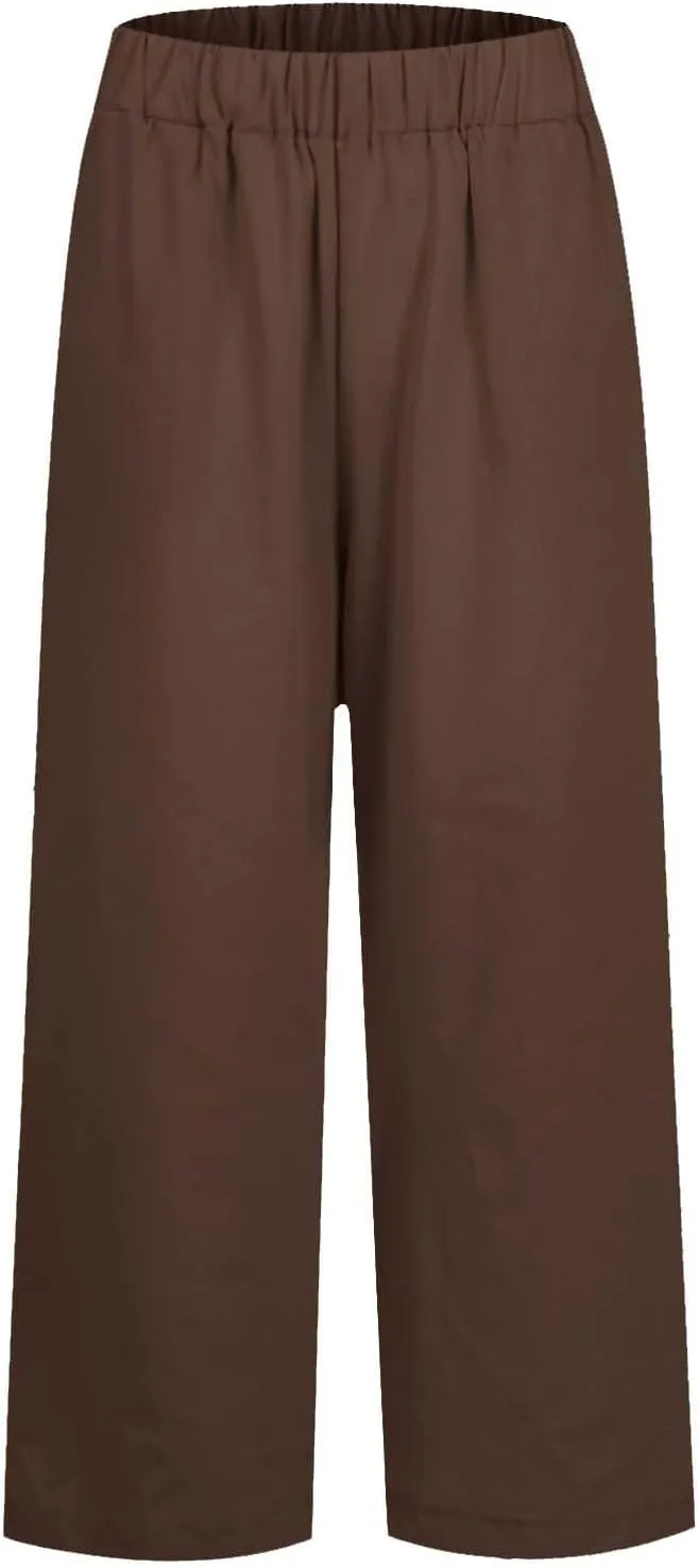 Womens Linen Pants with Pockets Elastic High Waist Straight Leg Pant Plus Casua Lightweight Summer Comfort Trousers