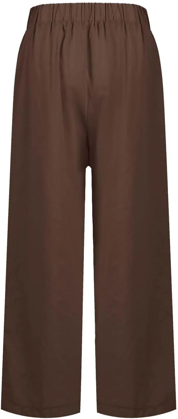 Womens Linen Pants with Pockets Elastic High Waist Straight Leg Pant Plus Casua Lightweight Summer Comfort Trousers