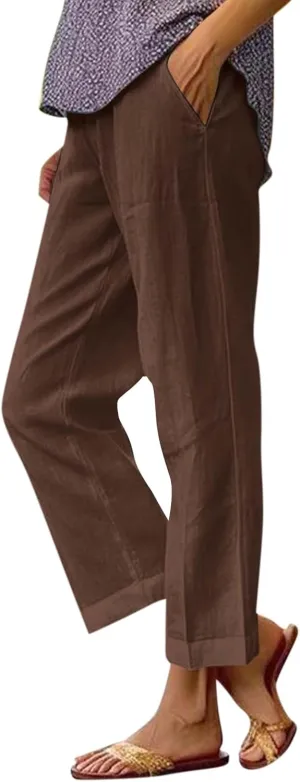 Womens Linen Pants with Pockets Elastic High Waist Straight Leg Pant Plus Casua Lightweight Summer Comfort Trousers
