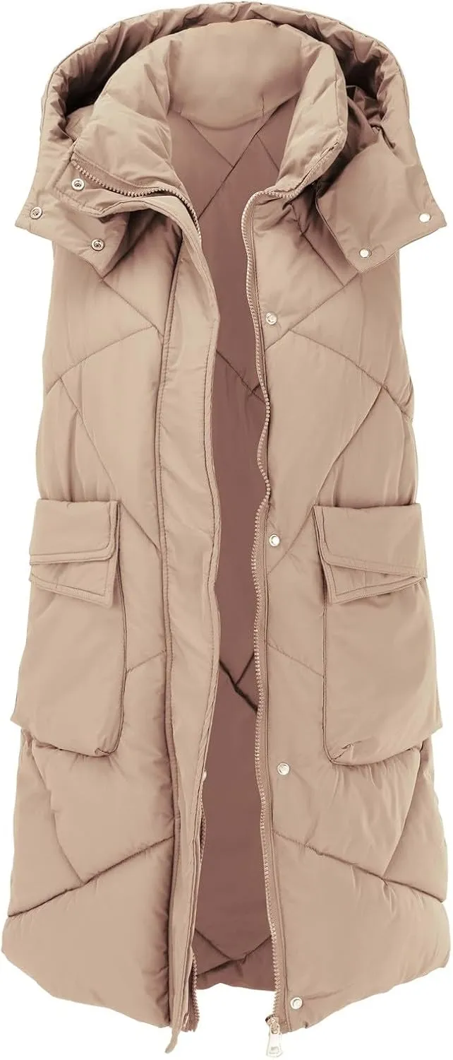 Women's Long Down Vest with Hooded Zipper Quilted Puffer Jacket Plus Size Winter Warm Slim Fit Coats Outdoor Vest