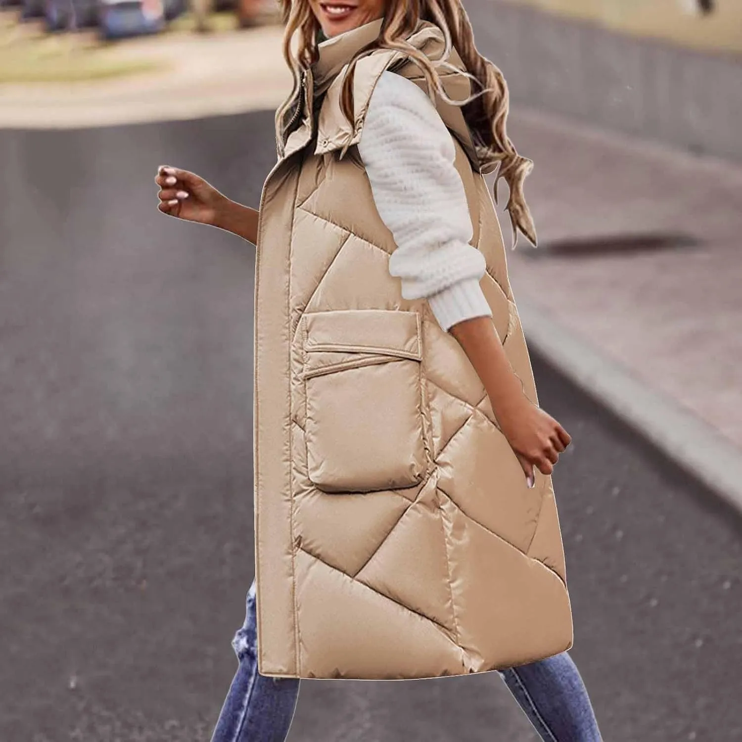 Women's Long Down Vest with Hooded Zipper Quilted Puffer Jacket Plus Size Winter Warm Slim Fit Coats Outdoor Vest
