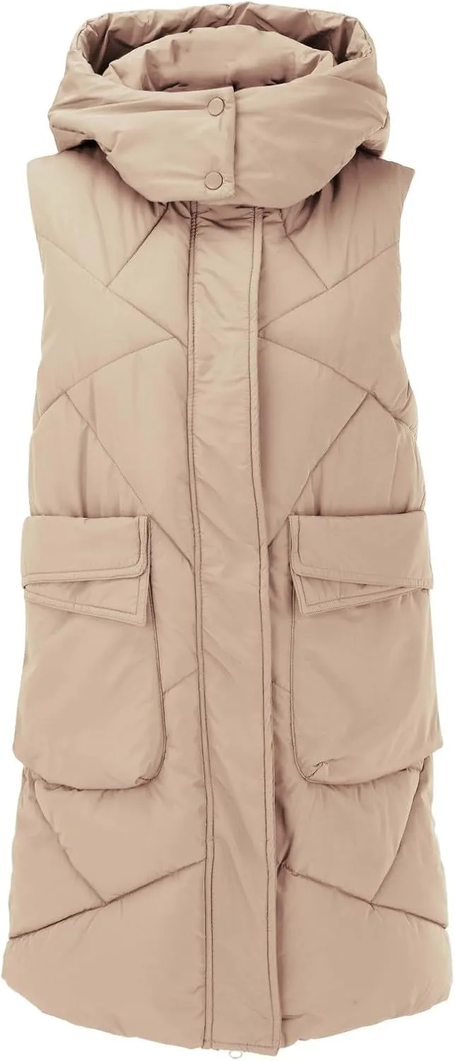 Women's Long Down Vest with Hooded Zipper Quilted Puffer Jacket Plus Size Winter Warm Slim Fit Coats Outdoor Vest