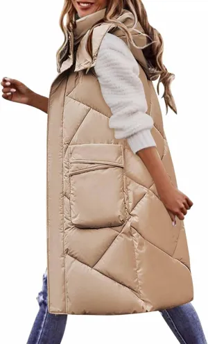 Women's Long Down Vest with Hooded Zipper Quilted Puffer Jacket Plus Size Winter Warm Slim Fit Coats Outdoor Vest