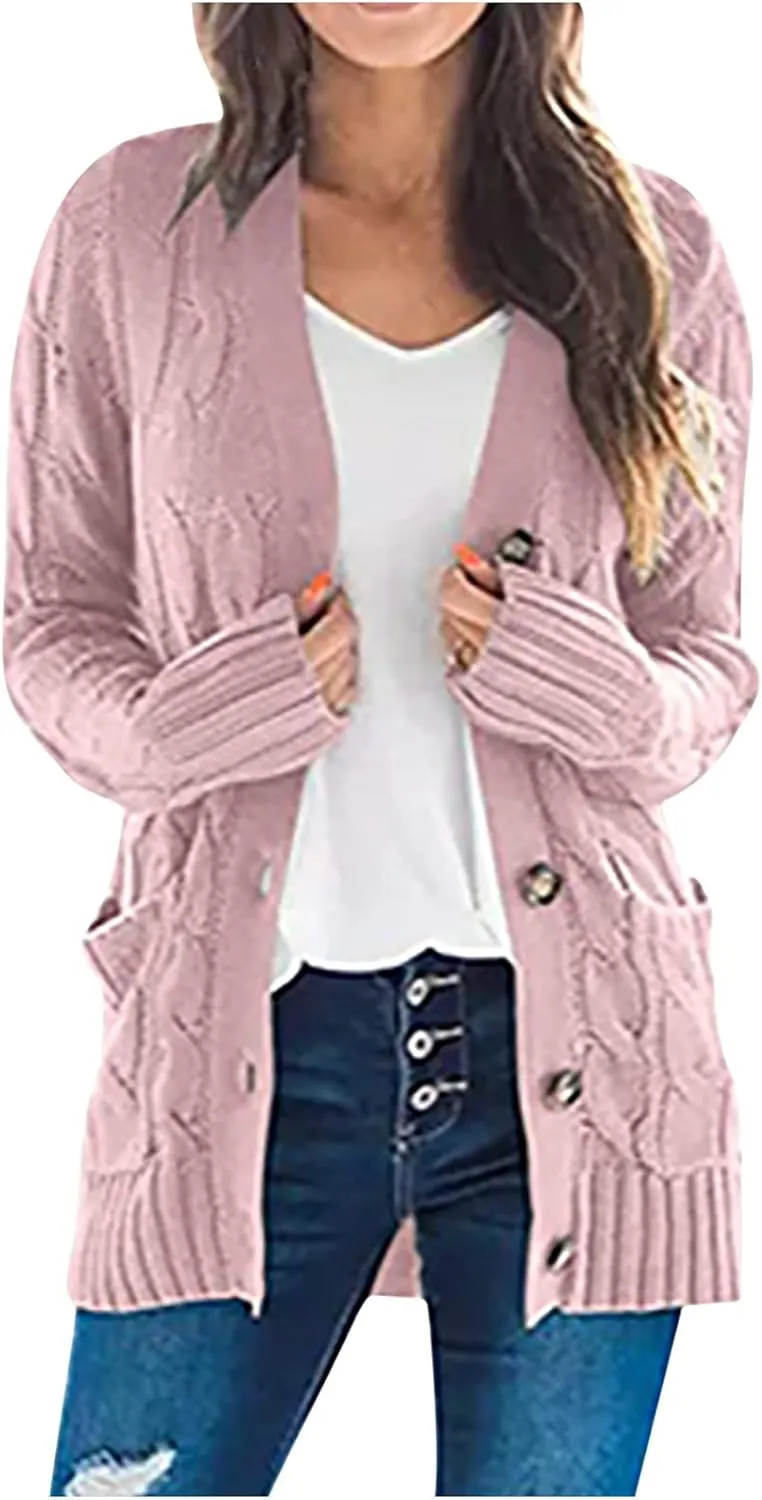 Women's Long Sleeve Cable Knit Cardigan Coats 2024 Fall Winter Fashion Button Down Chunky Soft Outwear with Pockets