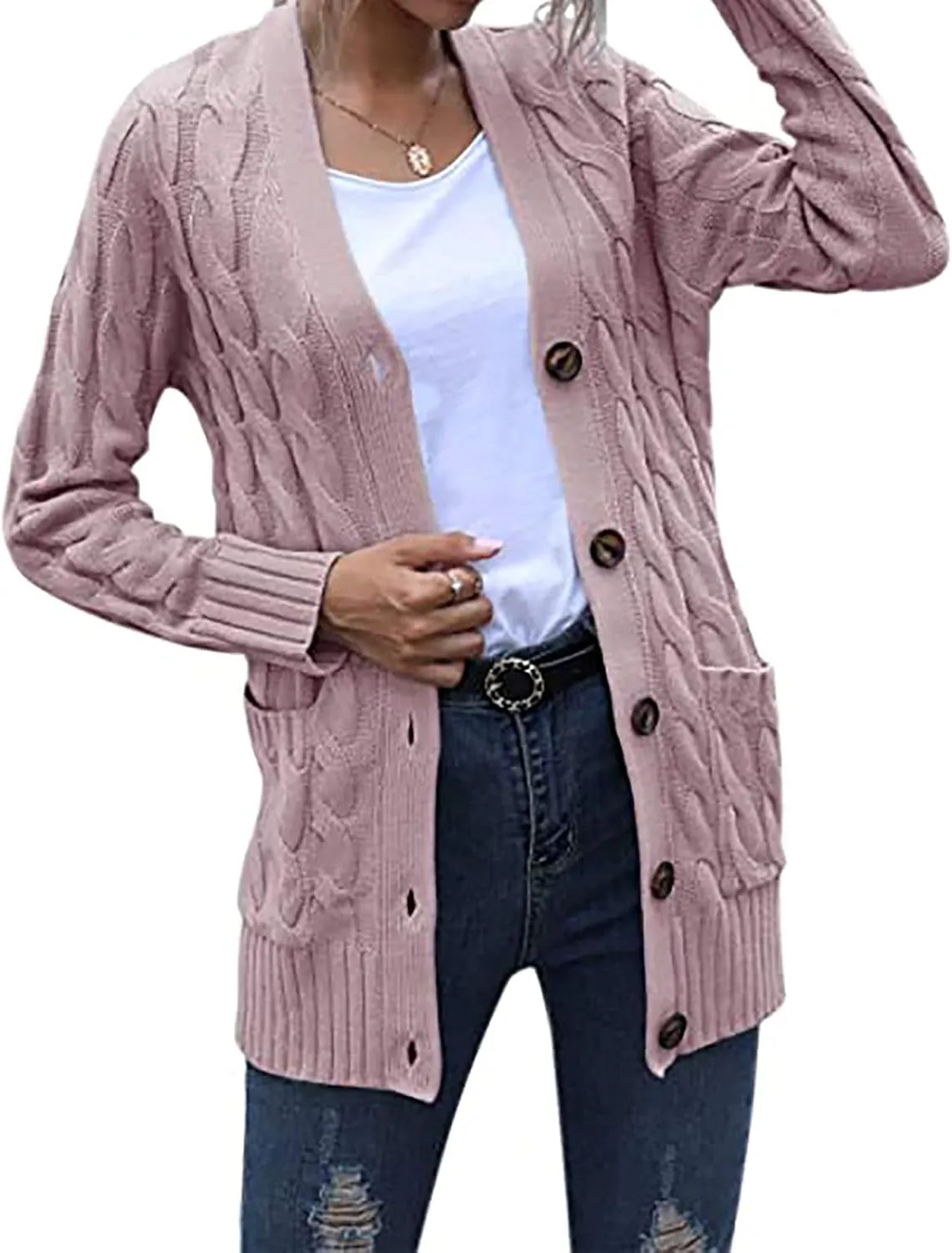 Women's Long Sleeve Cable Knit Cardigan Coats 2024 Fall Winter Fashion Button Down Chunky Soft Outwear with Pockets