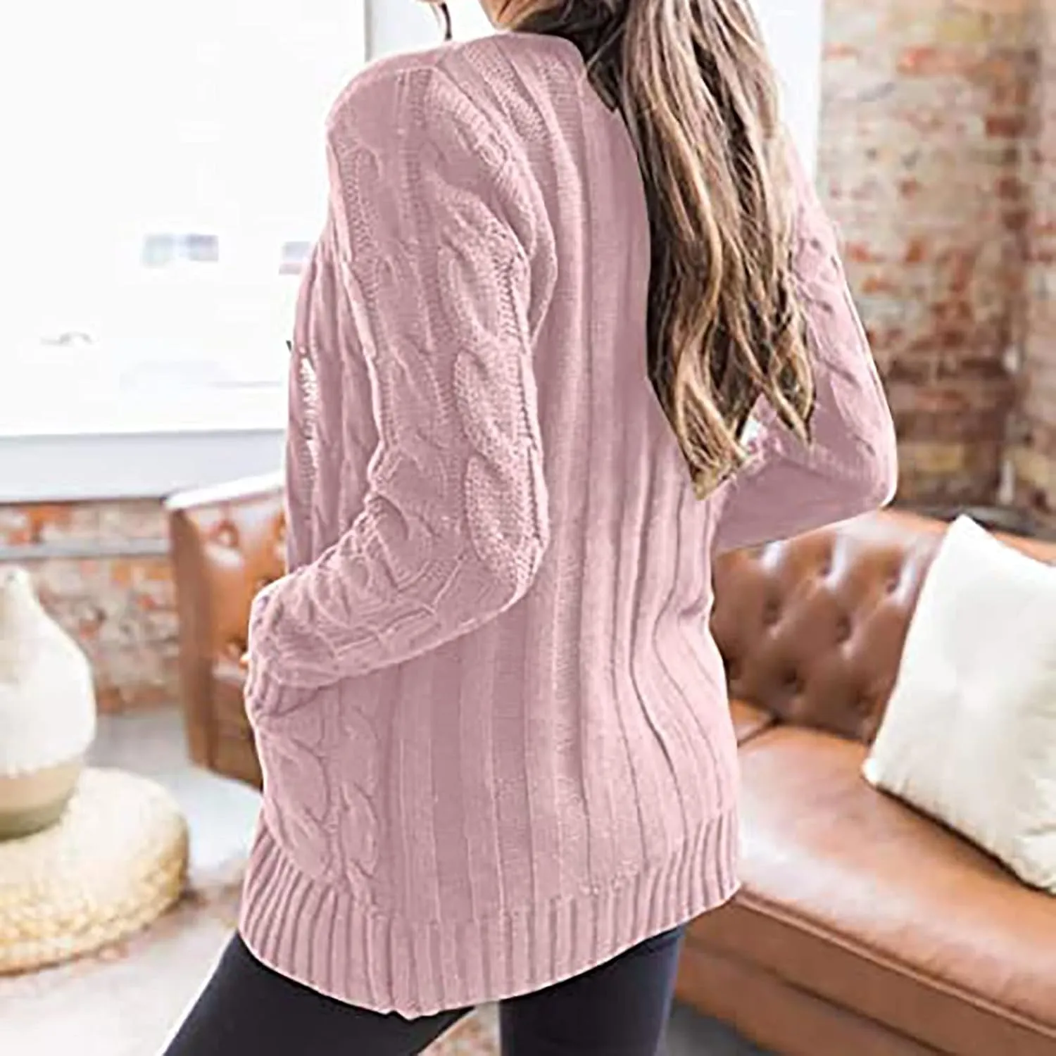 Women's Long Sleeve Cable Knit Cardigan Coats 2024 Fall Winter Fashion Button Down Chunky Soft Outwear with Pockets