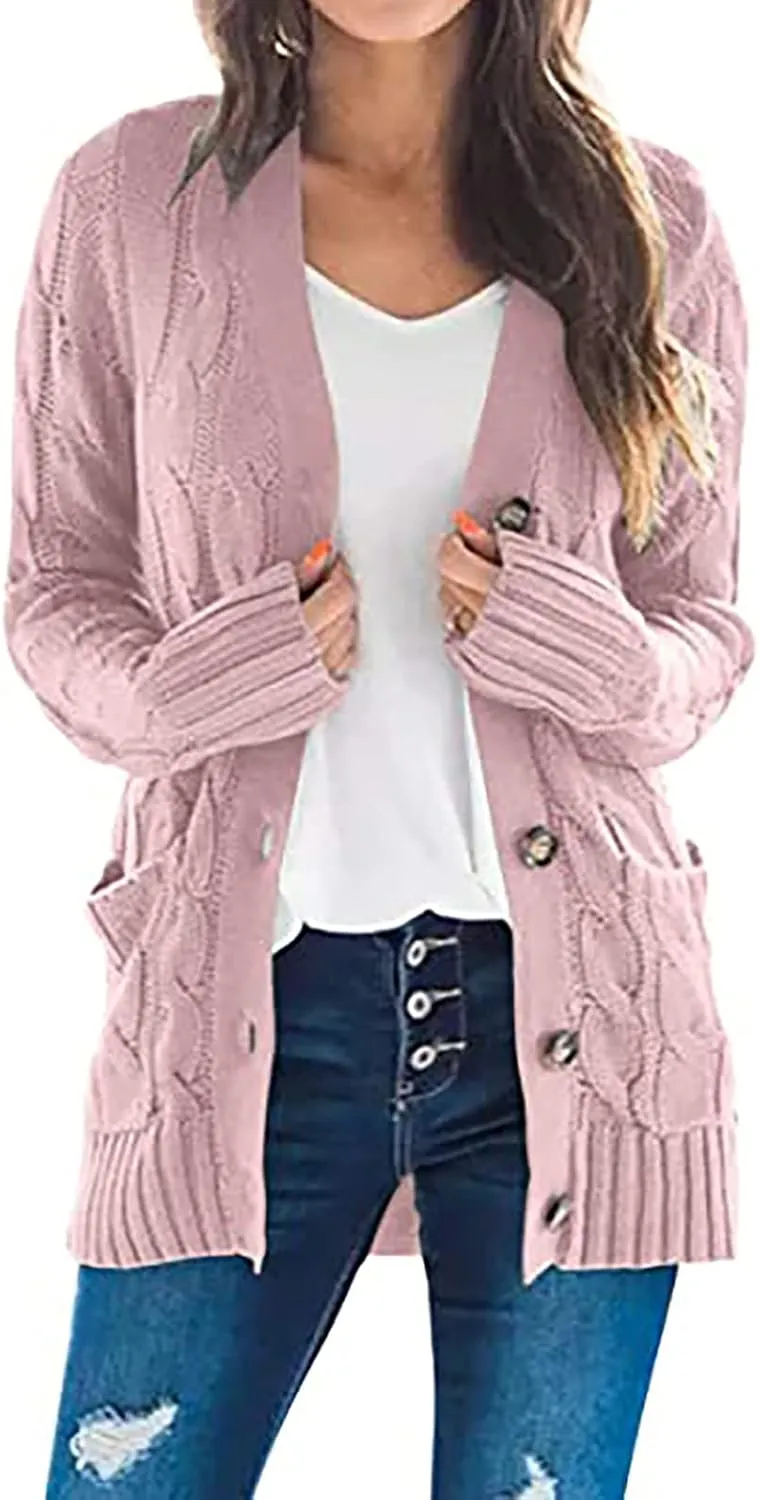 Women's Long Sleeve Cable Knit Cardigan Coats 2024 Fall Winter Fashion Button Down Chunky Soft Outwear with Pockets