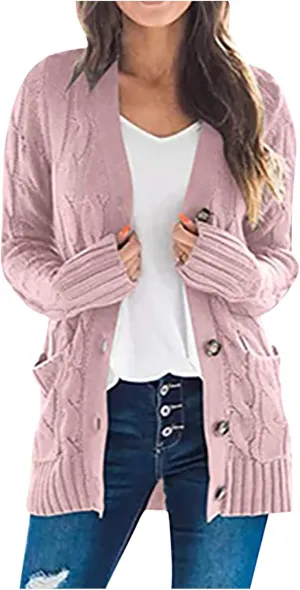 Women's Long Sleeve Cable Knit Cardigan Coats 2024 Fall Winter Fashion Button Down Chunky Soft Outwear with Pockets
