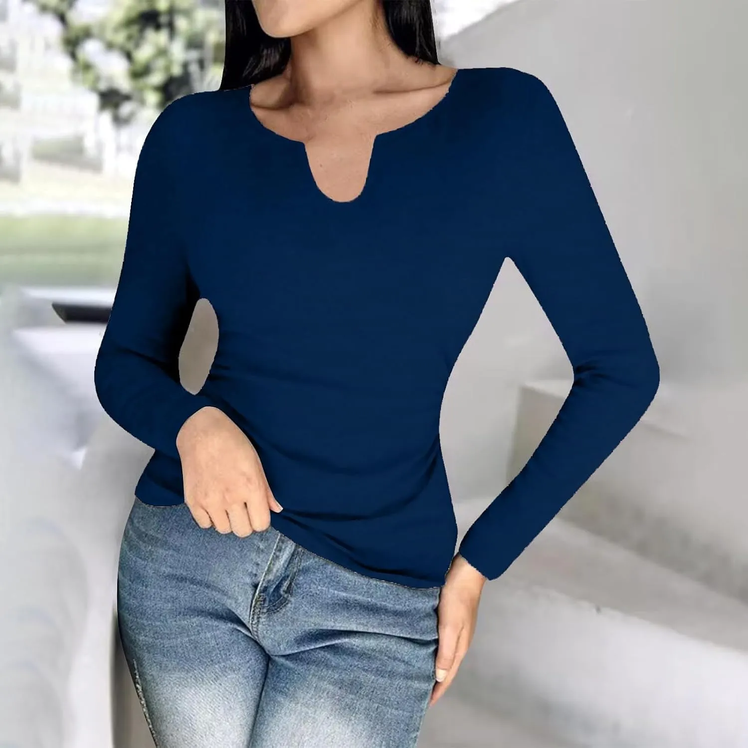 Womens Long Sleeve Shirts with Built in Bra Casual Basic Padded Scrubs Tops Plain Notch V Neck Undershirt Blouse