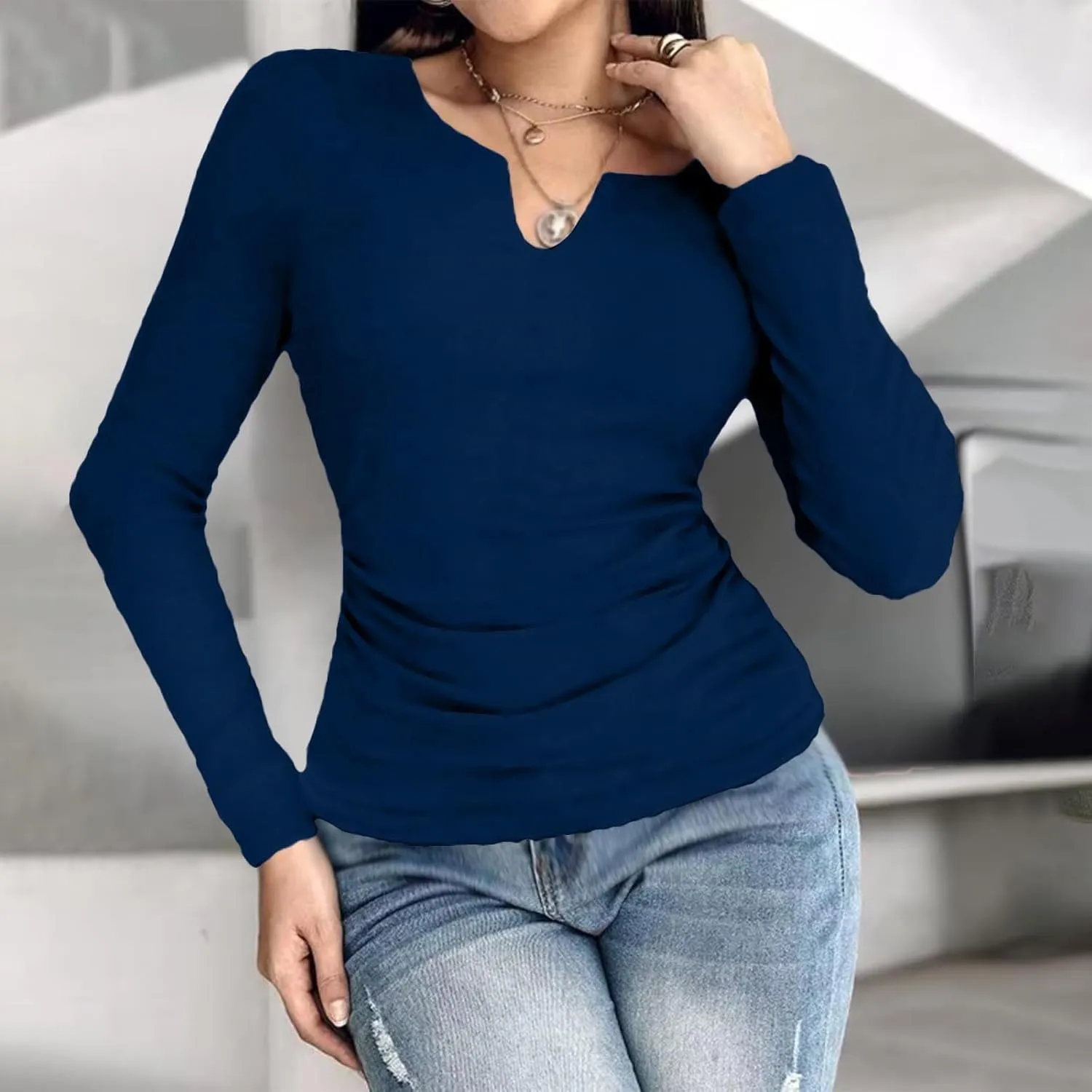 Womens Long Sleeve Shirts with Built in Bra Casual Basic Padded Scrubs Tops Plain Notch V Neck Undershirt Blouse