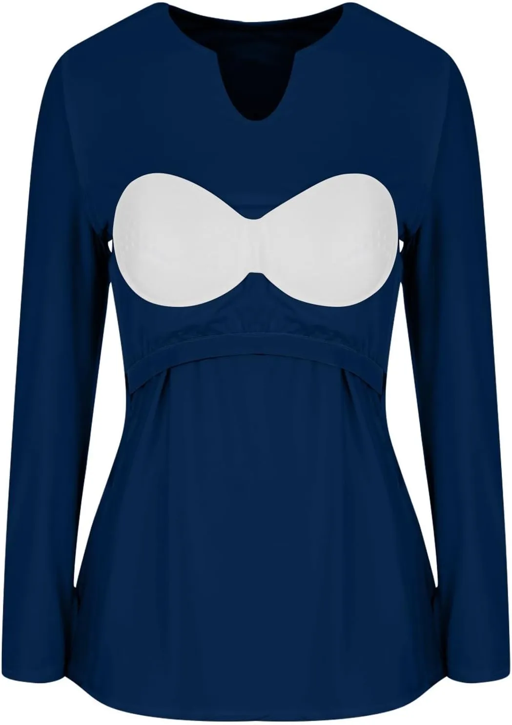 Womens Long Sleeve Shirts with Built in Bra Casual Basic Padded Scrubs Tops Plain Notch V Neck Undershirt Blouse