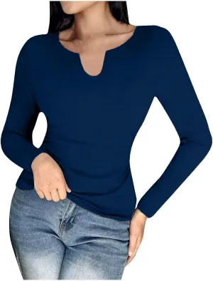 Womens Long Sleeve Shirts with Built in Bra Casual Basic Padded Scrubs Tops Plain Notch V Neck Undershirt Blouse