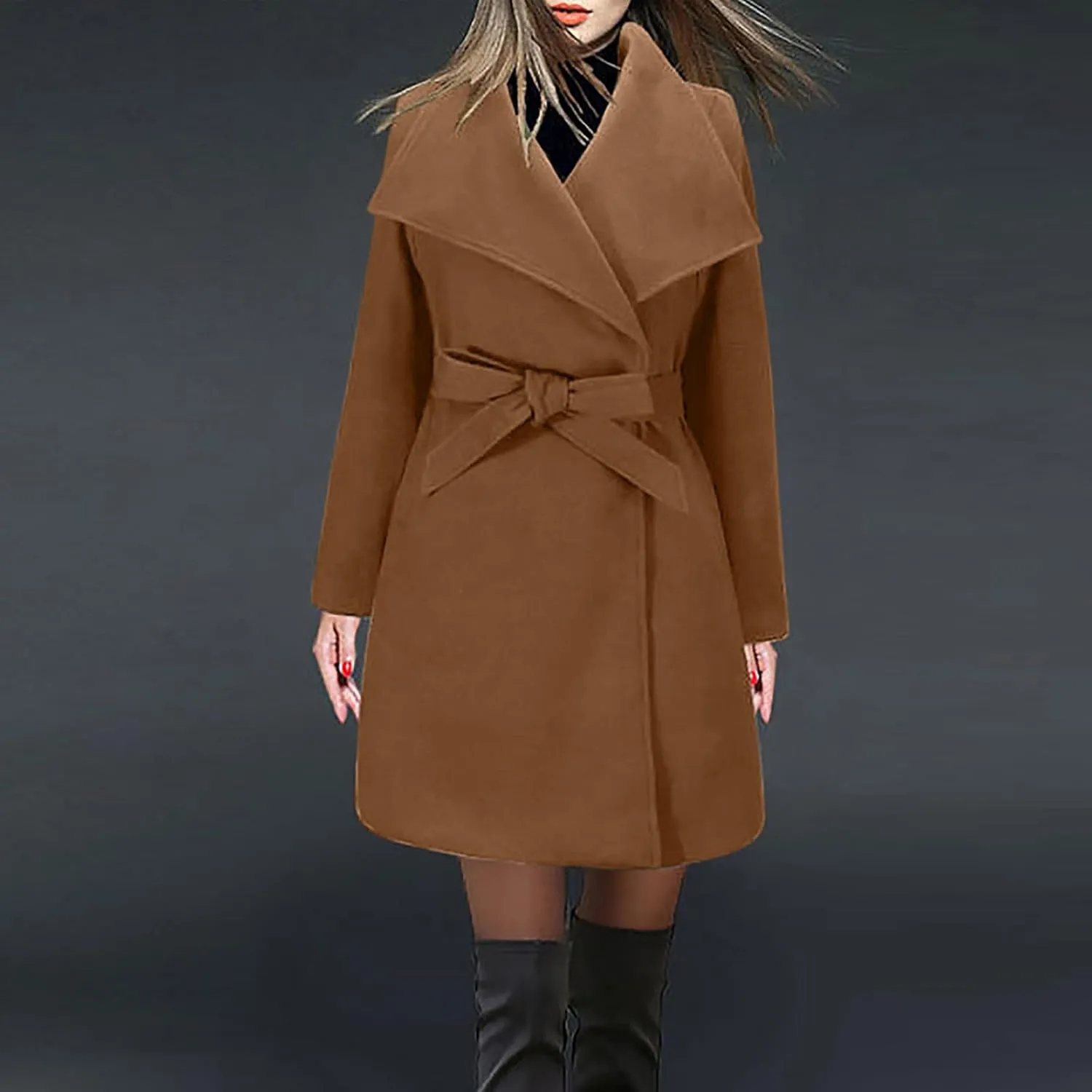 Womens Long Trench Coats Winter Wool Blend Coats Double Breasted Lapel Wool Blend Coats Overcoat Outerwear with Belt