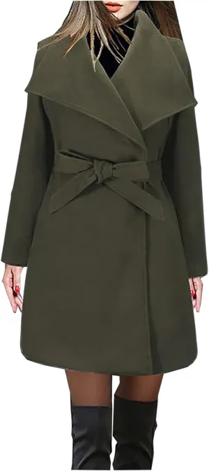 Womens Long Trench Coats Winter Wool Blend Coats Double Breasted Lapel Wool Blend Coats Overcoat Outerwear with Belt