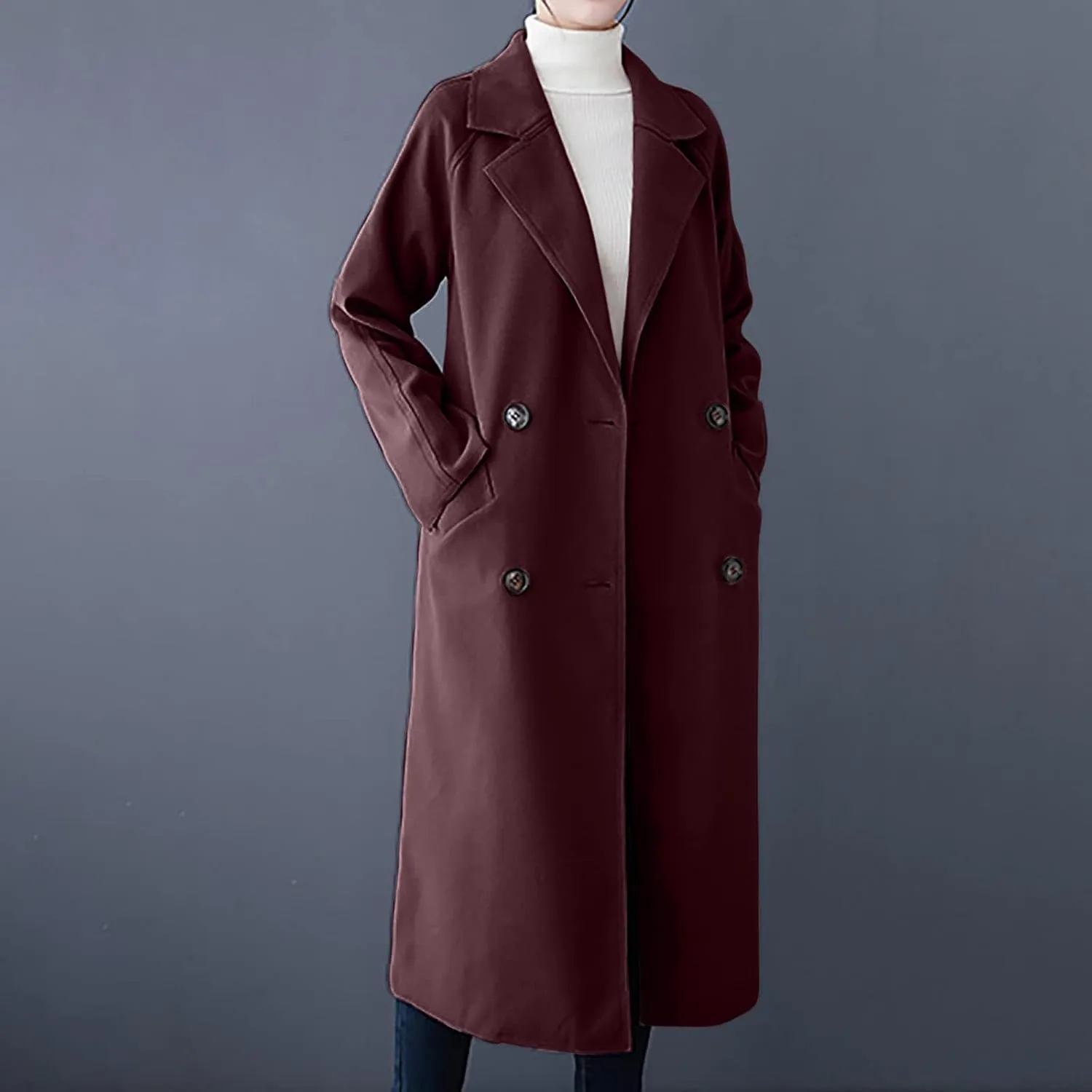 Womens Long Trench Coats Winter Wool Blend Coats Double Breasted Lapel Wool Blend Coats Overcoat Outerwear with Belt