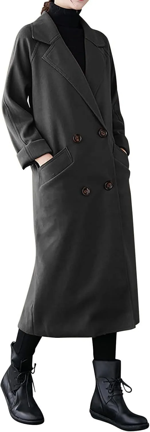 Womens Long Trench Coats Winter Wool Blend Coats Double Breasted Lapel Wool Blend Coats Overcoat Outerwear with Belt