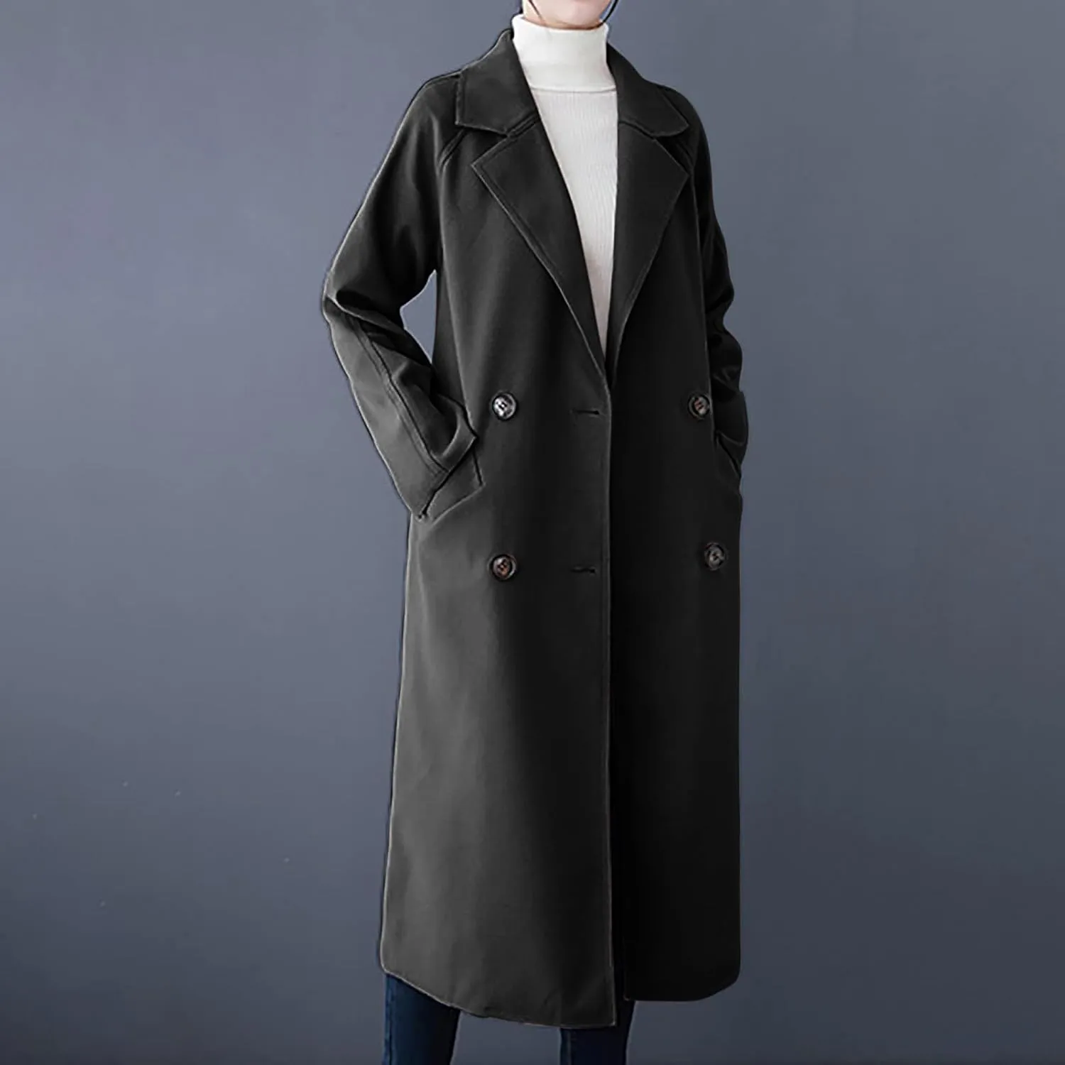 Womens Long Trench Coats Winter Wool Blend Coats Double Breasted Lapel Wool Blend Coats Overcoat Outerwear with Belt