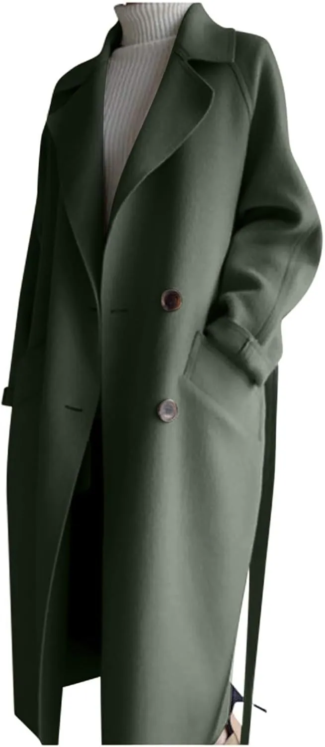Womens Long Trench Coats Winter Wool Blend Coats Double Breasted Lapel Wool Blend Coats Overcoat Outerwear with Belt