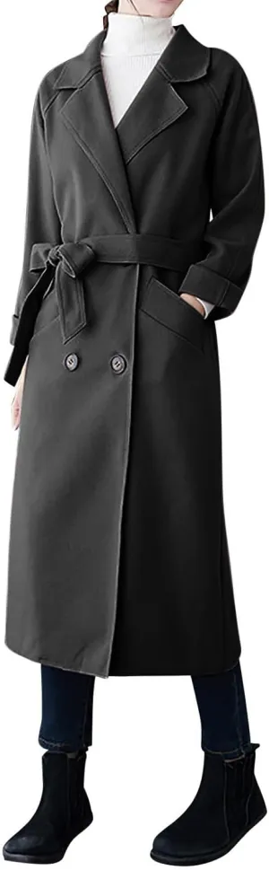 Womens Long Trench Coats Winter Wool Blend Coats Double Breasted Lapel Wool Blend Coats Overcoat Outerwear with Belt