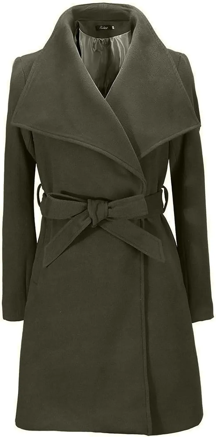Womens Long Trench Coats Winter Wool Blend Coats Double Breasted Lapel Wool Blend Coats Overcoat Outerwear with Belt