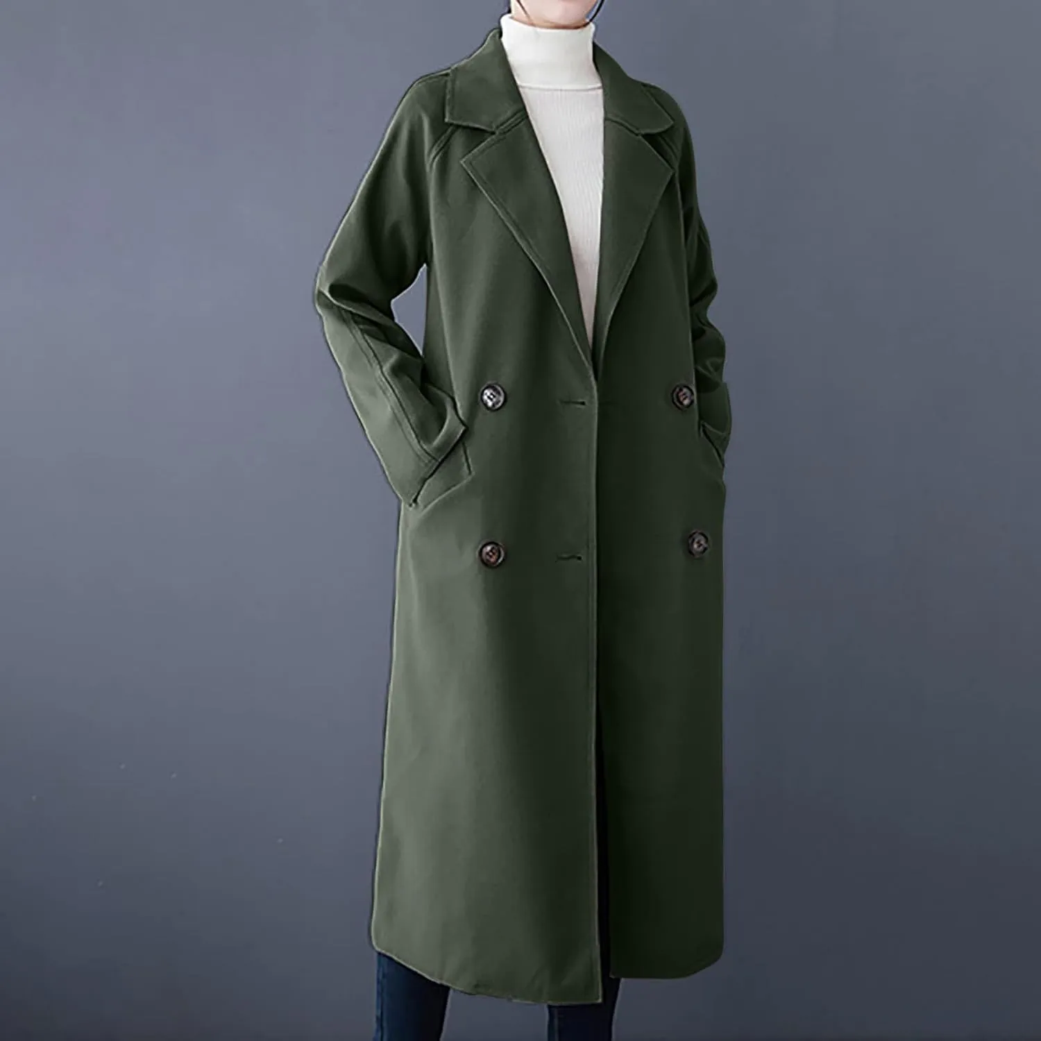 Womens Long Trench Coats Winter Wool Blend Coats Double Breasted Lapel Wool Blend Coats Overcoat Outerwear with Belt