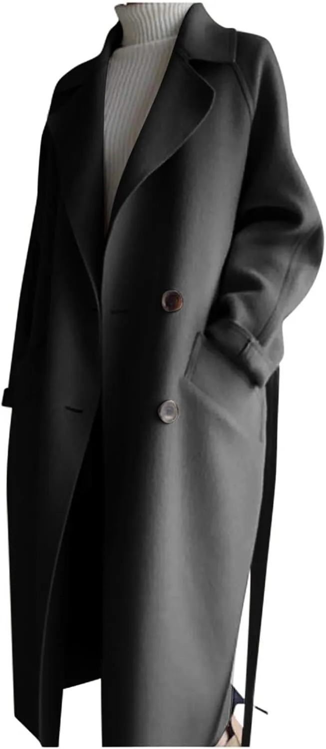 Womens Long Trench Coats Winter Wool Blend Coats Double Breasted Lapel Wool Blend Coats Overcoat Outerwear with Belt