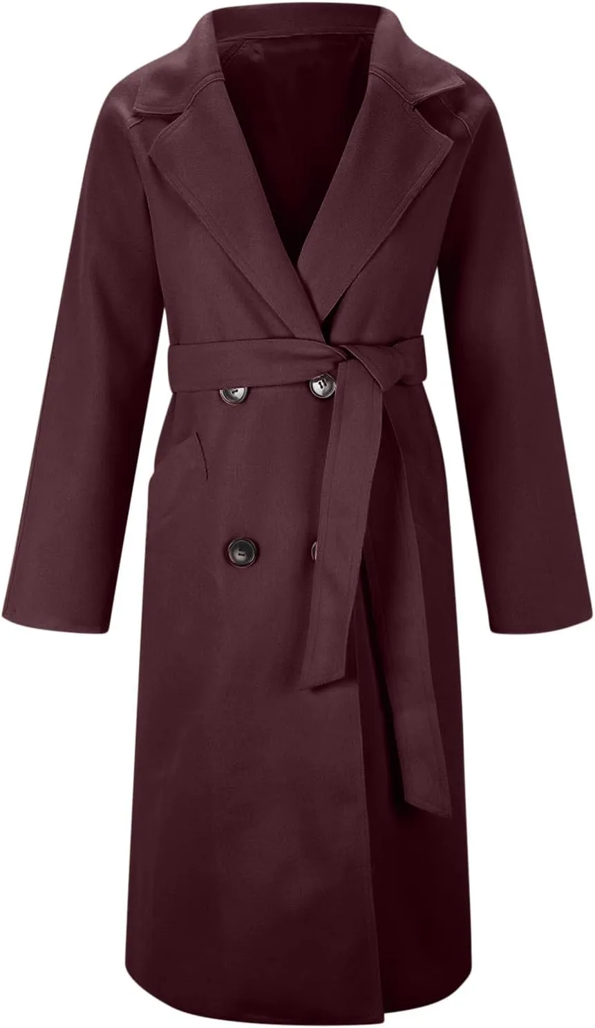 Womens Long Trench Coats Winter Wool Blend Coats Double Breasted Lapel Wool Blend Coats Overcoat Outerwear with Belt