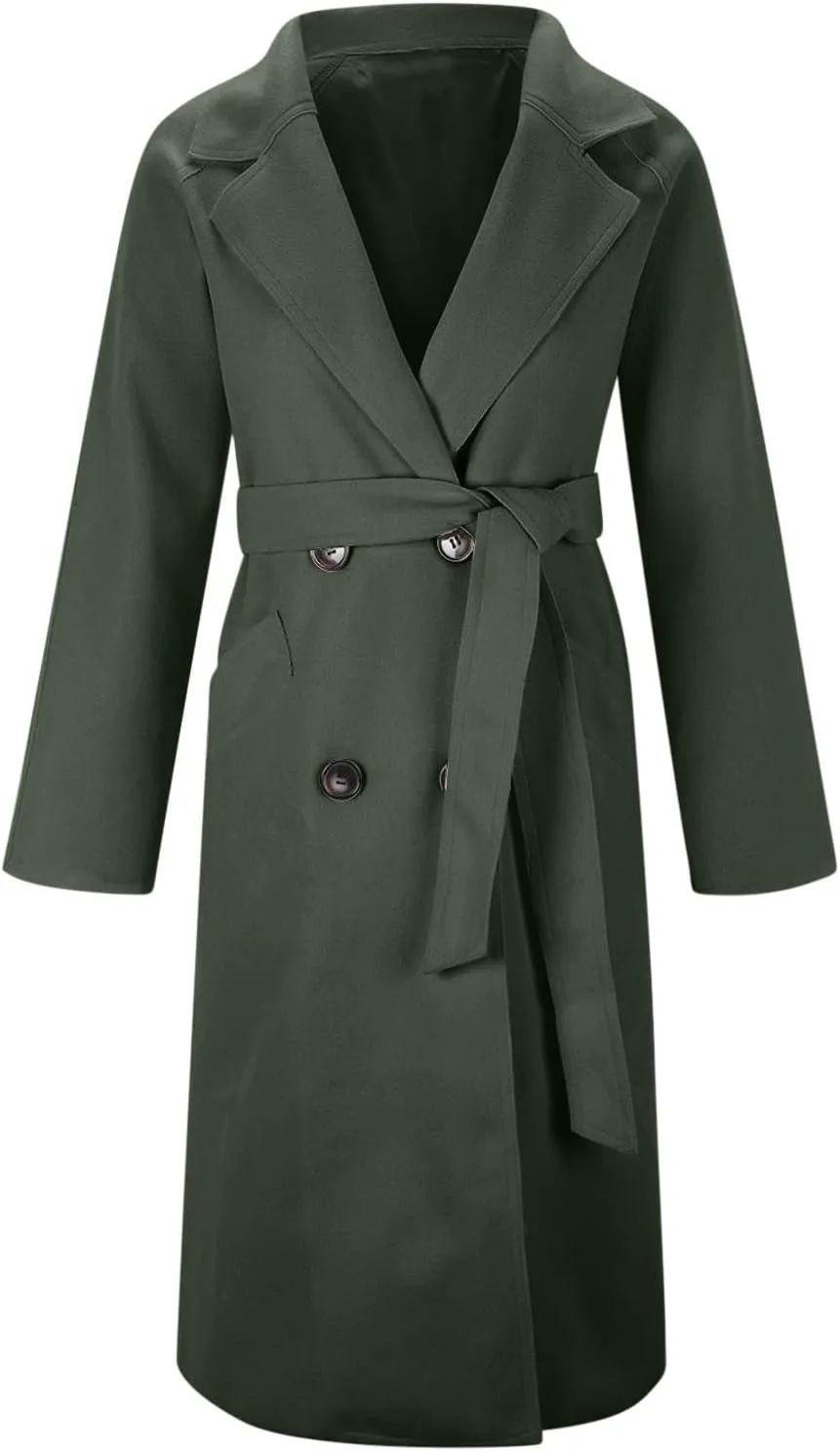 Womens Long Trench Coats Winter Wool Blend Coats Double Breasted Lapel Wool Blend Coats Overcoat Outerwear with Belt
