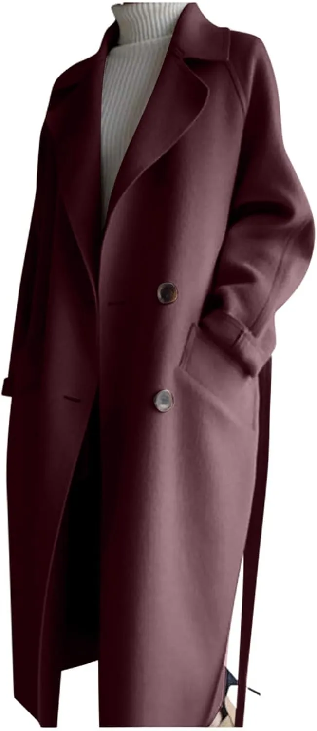 Womens Long Trench Coats Winter Wool Blend Coats Double Breasted Lapel Wool Blend Coats Overcoat Outerwear with Belt