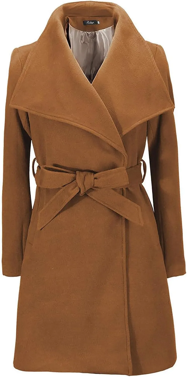 Womens Long Trench Coats Winter Wool Blend Coats Double Breasted Lapel Wool Blend Coats Overcoat Outerwear with Belt