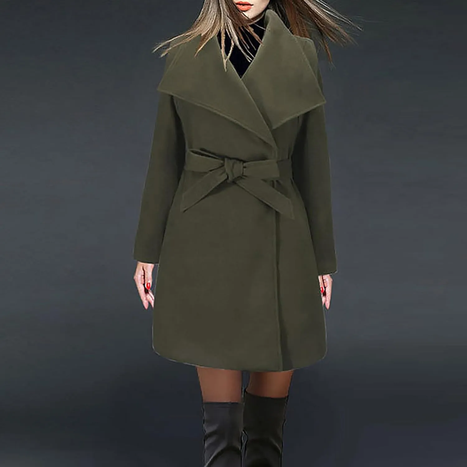 Womens Long Trench Coats Winter Wool Blend Coats Double Breasted Lapel Wool Blend Coats Overcoat Outerwear with Belt