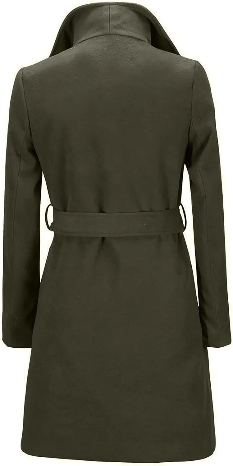 Womens Long Trench Coats Winter Wool Blend Coats Double Breasted Lapel Wool Blend Coats Overcoat Outerwear with Belt