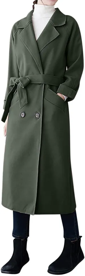 Womens Long Trench Coats Winter Wool Blend Coats Double Breasted Lapel Wool Blend Coats Overcoat Outerwear with Belt
