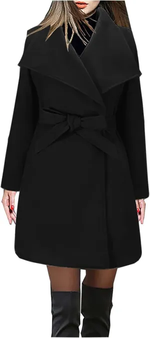 Womens Long Trench Coats Winter Wool Blend Coats Double Breasted Lapel Wool Blend Coats Overcoat Outerwear with Belt