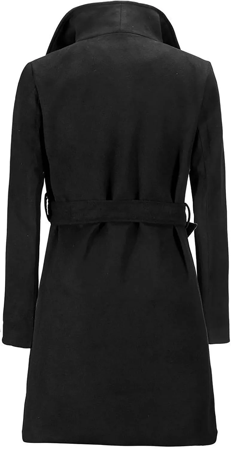 Womens Long Trench Coats Winter Wool Blend Coats Double Breasted Lapel Wool Blend Coats Overcoat Outerwear with Belt